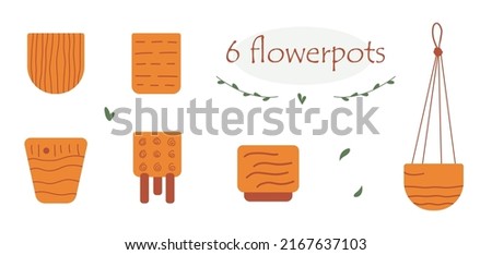 Colorful hand drawn flat flowerpots set isolated on white background
