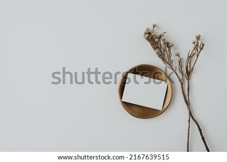 Flatlay of blank paper card on on brass plate, dried floral branch on white background. Business template. Top view, flat lay minimalist aesthetic luxury bohemian business branding concept