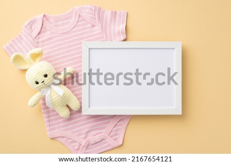 Baby accessories concept. Top view photo of photo frame and knitted bunny toy over pink bodysuit on isolated pastel beige background with empty space