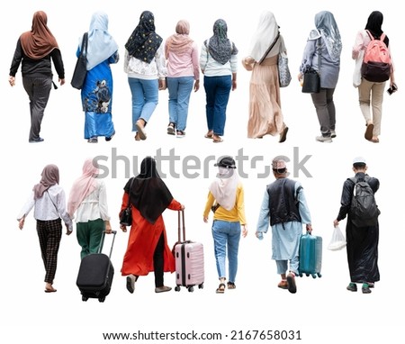 Muslim walking isolated.back view of walking people.