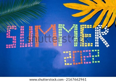 summer 2022 lined with shredded paper on a blue background, above a palm leaf, creative art modern summer design, welcome summer