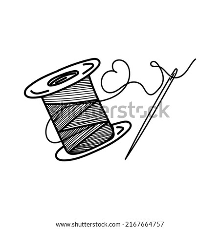 Sewing thread with needle, hand-drawn in sketch style. Cross-winding the thread. Needlework. Sewing. Thread. Needle. Vector simple illustration.