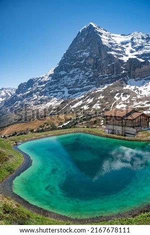 Landscape with Eiger mount in the Swiss Alps (Bernese Alps), reflecting in a pond at Kleine Scheidegg. Switzerland. Royalty-Free Stock Photo #2167678111