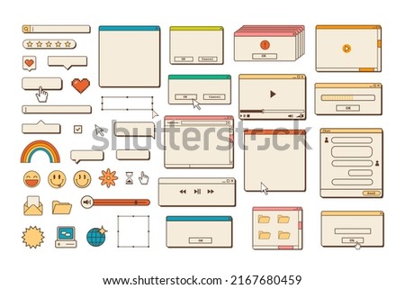 Big set of retro vaporwave desktop browser and dialog window templates. 80s 90s old computer user interface elements and vintage aesthetic icons. Nostalgic retro operating system. Vector illustration. Royalty-Free Stock Photo #2167680459