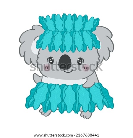 Koala Bear Clipart in Cute Cartoon Style Beautiful Clip Art Koala in Hawaiian Costume. Vector Illustration of an Animal for Prints for Clothes, Stickers, Textile, Baby Shower Invitation.
