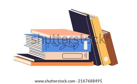 Abstract books stack. Paper literature spines. Closed fiction novels, academic textbooks for reading, studying. Encyclopedias in hardcovers. Flat vector illustration isolated on white background