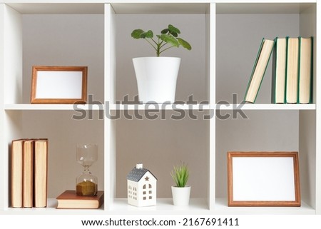 White shelves with potted plants, photo frames, books. Home interior, decor elements.
