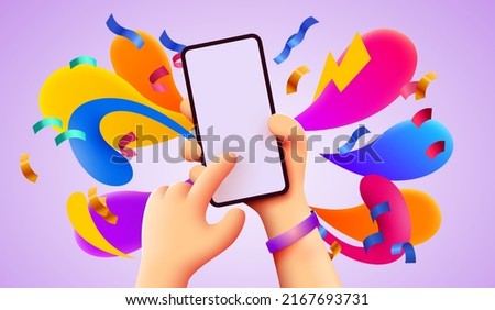 Holding phone in two hands. Phone mockup. Color explosion. Touching screen with finger. Vector illustration Royalty-Free Stock Photo #2167693731