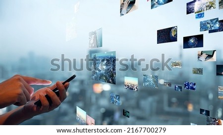 Smart phone and digital contents concept. Video distribution service. Royalty-Free Stock Photo #2167700279