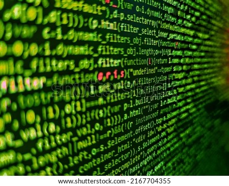 Template of website, selective focus. Developer working on source codes on computer at office. Binary code digital technology background