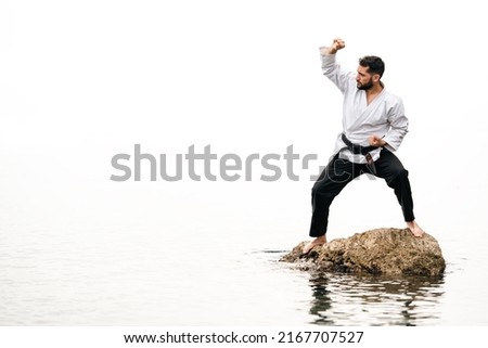 man standing on a rock in the sea wearing a karate kimono in a defensive position with the word "Bushido" on his belt and a completely white background.
 Royalty-Free Stock Photo #2167707527