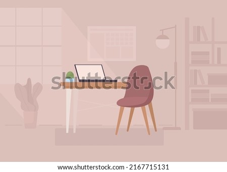 Home office furniture flat color vector illustration. Contemporary desk with chair. Workplace ergonomics. Fully editable 2D simple cartoon interior with cozy atmosphere and bookcases on background Royalty-Free Stock Photo #2167715131
