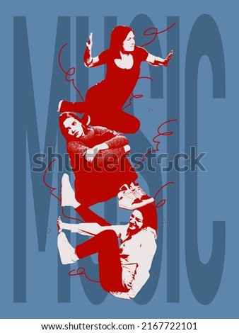 Groupies. Contemporary art collage. Young astonished women isolated over grey background with lettering music. Creativity, inspiration, imagination. Poster graphics. Creativity, inspiration