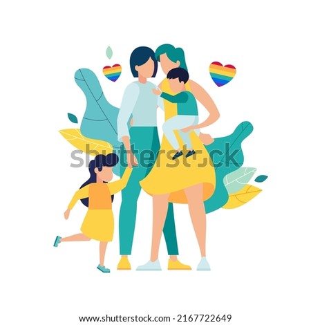 LGBT family couple of homosexual lesbians with happy children. men romantic relationship. children adopted by lesbians couple. Equal love for LGBT lesbian. pride month. vector illustration Royalty-Free Stock Photo #2167722649