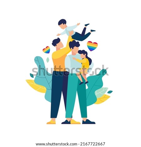 LGBT family homosexual couple gay with happy children. men romantic relationship. children adopted by a gay couple. Equal love for LGBT gays. pride month vector illustration Royalty-Free Stock Photo #2167722667