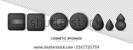 Black cosmetic sponges for apply make up. Set of square and round powder puffs and beauty blender different shapes  isolated on transparent and white background. Realistic makeup items template Royalty-Free Stock Photo #2167725759