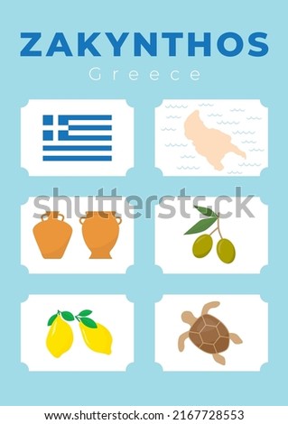 travel poster from Zakynthos Island, greek flag, map of the island, clay vases, olives, citruses and turtle Caretta Caretta- symbol of the island - vector illustration
