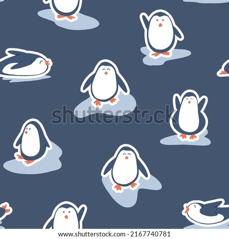 Cute penguins having fun over the ice in a winter childish cartoon seamless pattern background print inspired by sticker design with a white border. Vector illustration in blue, orange, and white