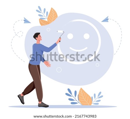Concept of optimism. Guy draws smiley face with roller and white paint. Good mood and positive. Happy character, emotions and feelings. Psychology and mental health. Cartoon flat vector illustration