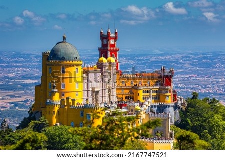 Palace of Pena in Sintra. Lisbon, Portugal. Travel Europe, holidays in Portugal. Panoramic View Of Pena Palace, Sintra, Portugal. Pena National Palace, Sintra, Portugal.  Royalty-Free Stock Photo #2167747521