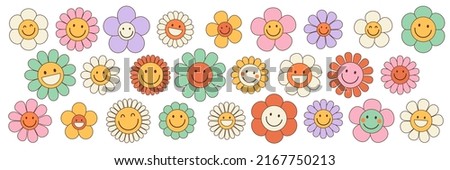 Groovy flower cartoon characters. Funny happy daisy with eyes and smile. Sticker pack in trendy retro trippy style. Isolated vector illustration. Hippie 60s, 70s style. Royalty-Free Stock Photo #2167750213