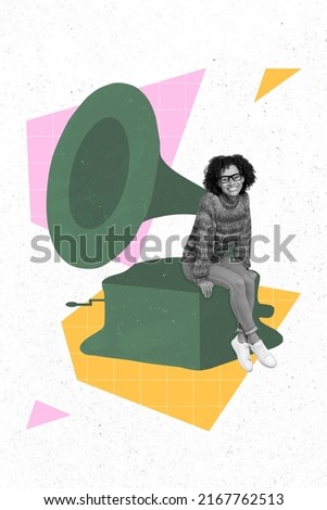 Creative 3d photo artwork graphics painting of lady sitting big gramophone isolated drawing background