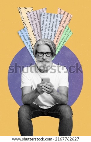 Vertical creative collage image of aged person sitting hold use telephone read fresh news isolated on drawing background