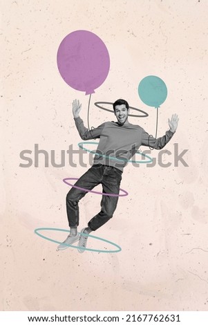 Collage 3d image of pinup pop retro sketch image of funny carefree guy flying air balloons isolated painting background