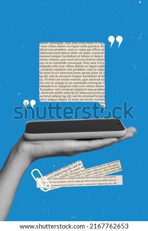 Collage photo of black and white color effect hand hold cellphone reading online book isolated on blue color background