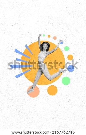 Photo cartoon comics sketch collage of cheerful good mood lady jumping high isolated painted colorful circles background