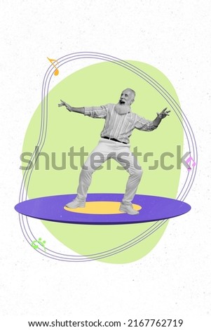 Collage photo of black and white effect granddad dancing on flying vinyl disc isolated on white green painting background