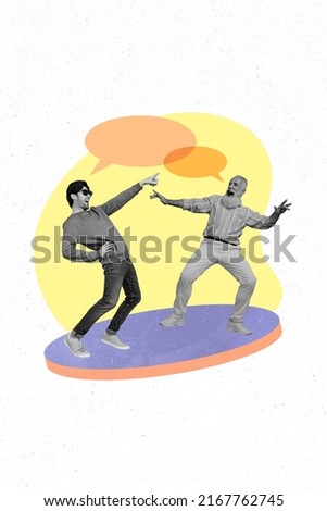 Vertical creative collage picture of two positive carefree people black white gamma enjoy dancing communicate chatting