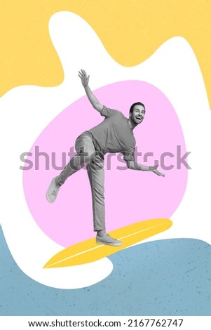 Vertical composite picture of excited person black white colors surfing drawing painted board have fun isolated on creative background