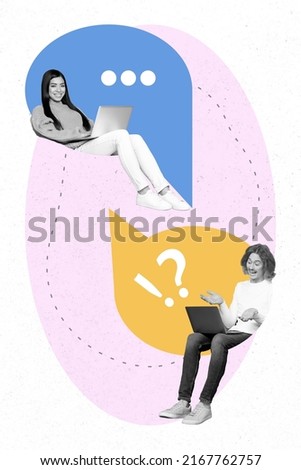 Creative collage sketch of two fellows lady guy sit geometry shape use netbook distance facebook communicating