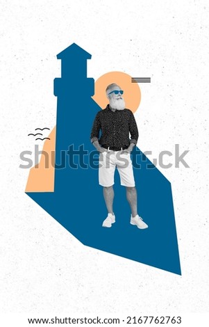 Vertical creative collage image of aged person black white colors pit hands pockets isolated on lighthouse building drawing shadow