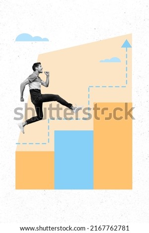 Creative abstract template graphics picture of purposeful guy running up stairs isolated pastel background