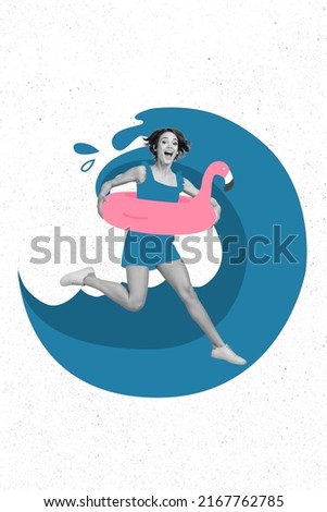 Creative artwork collage of playful lady swim over wave rink flamingo float buoy concept of resort recreation