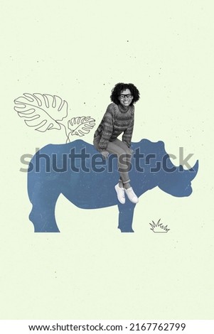 Composite vertical collage picture of positive girl black white gamma sitting drawing rhino isolated on drawing background