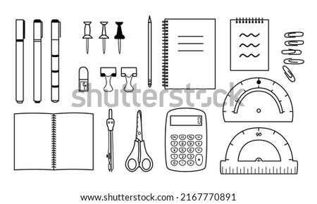 Set of school supplies. Minimalist office accessories line art. Hand drawn vector stationary tools for college education. Simple back to school contour collection illustration of black doodle icons