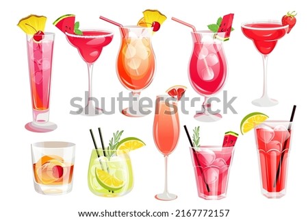 A set of alcoholic cocktails.Summer refreshing drinks:Caipirinha,Grapefruit Cocktail,Old Fashion,Plantation Punch,Sea Breeze,Singapore sling,Strawberry and Watermelon cocktails. Royalty-Free Stock Photo #2167772157