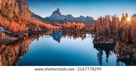 Panoramic autumn view from flying drone of popular tourist destination - Federa lake among red larch trees. Impressive sunrise in Dolomite Alps. Gorgeous morning scene of Italy, Europe. Royalty-Free Stock Photo #2167778299