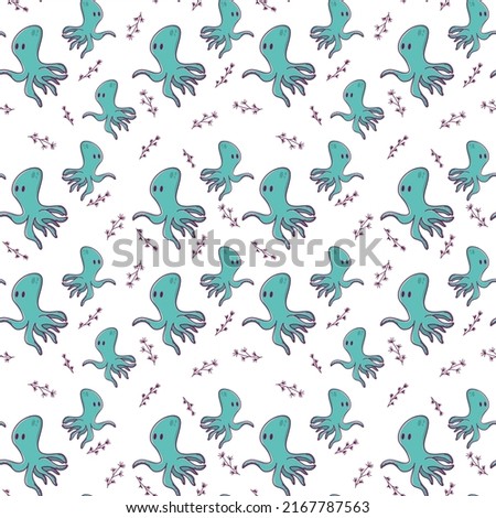 Seamless green octopus. Seamless colourful pattern. Repeating texture. Fabric cartoon character. Hand draw illustration for wallpapers on white background