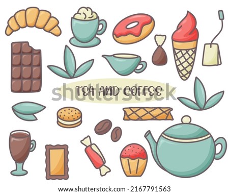 Coffee and tea doodle set isolated vector illustration. Collection tea party attributes hand drawn. Sweets, chocolate, coffee, tea, treats, pastries color icons