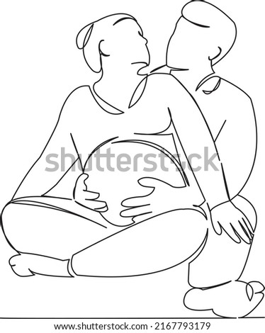 One continuous single drawing line art flat doodle parent, pregnancy, belly, mother, family, love, pregnant, couple. Isolated image hand draw contour on a white background
