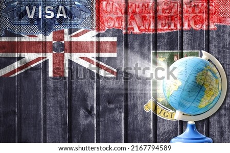 United States of America visa document, flag of British Virgin Islands and globe in the background. The concept of travel to the United States and illegal migration