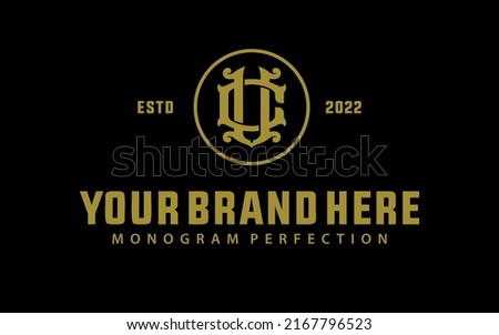 Monogram Logo, Initial letters U, C, UC or CU, Interlock, Vintage, Classic, Gold Color on Black Background
