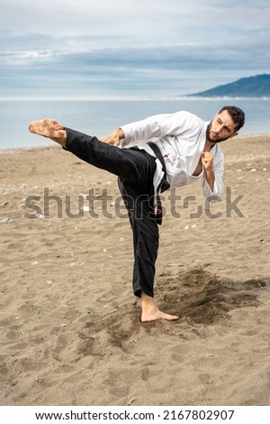 Martial arts master in kimono with a black belt with "Bushido" written on it in Japanese performing a side kick on the sandy beach, with the sea, the sky and a mountain in the background. Royalty-Free Stock Photo #2167802907
