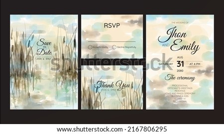 wedding invitation with mountain view watercolor background	
