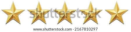 Five stars golden score ranking review  sing and symbol photo isolated on white background. This has clipping path.          Royalty-Free Stock Photo #2167810297