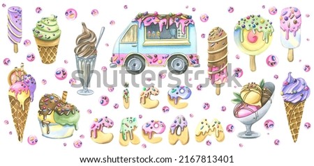 A large set with various ice cream, car and sweet letters. Watercolor illustration. For design, decoration and composition of compositions, advertising, packaging, souvenirs, stickers, posters